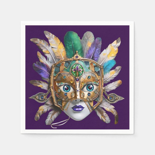 Mardi Gras Feather and Metal Mask Napkin (Front)