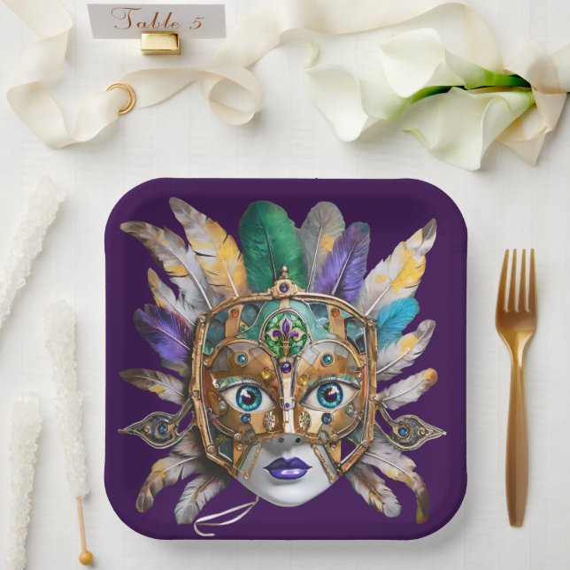 Mardi Gras Feather and Metal Mask Paper Plate (Wedding)