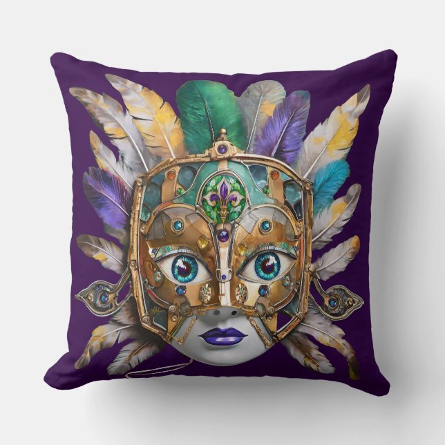 Mardi Gras Feather and Metal Mask Throw Pillow (Front)