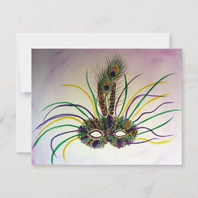 Mardi Gras Feather Mask Invitation or Invites (Front)