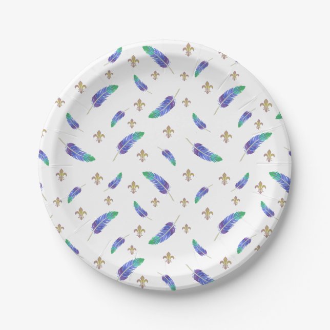Mardi Gras Feathers and Fleur de Lis Pattern Paper Plate (Front)