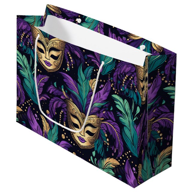 Mardi Gras Feathers And Mask Large Gift Bag (Front Angled)
