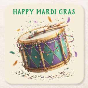 Mardi Gras Festive Drum Square Paper Coaster