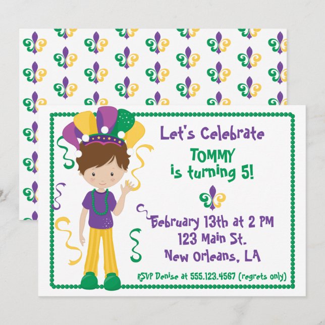 Mardi Gras Fête Anniversaire Invitation Pour Garço (Devant / Derrière)