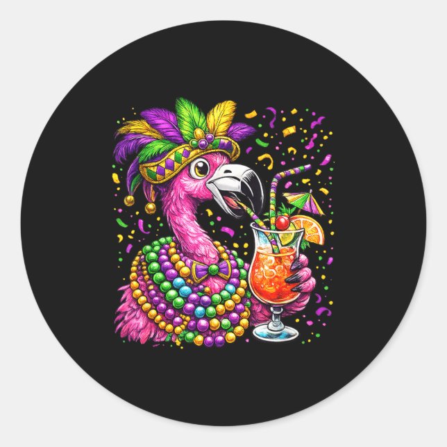 Mardi Gras Flamingo Hurricane Tail Funny  Classic Round Sticker (Front)