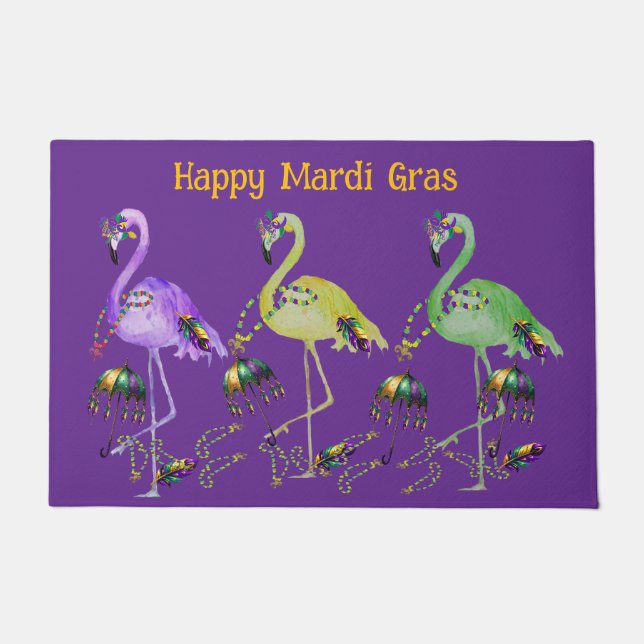 Mardi Gras Flamingos Coastal Doormat (Front)