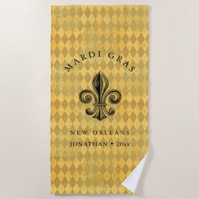Mardi Gras Fleur-de-lis Harlequin Add Name & Year Beach Towel (Front)