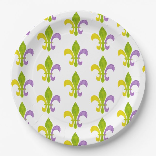 Mardi Gras Fleur de Lis on White Paper Plate (Front)