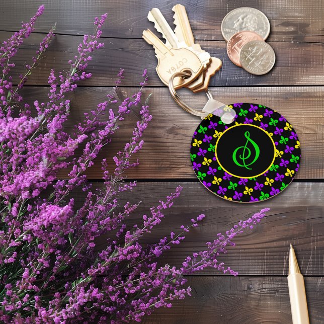 Mardi Gras Fleur de Lis Pattern Custom Monogram Keychain (Creator Uploaded)