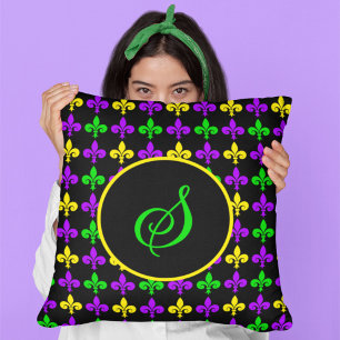 Mardi Gras Fleur de Lis Pattern Custom Monogram Throw Pillow