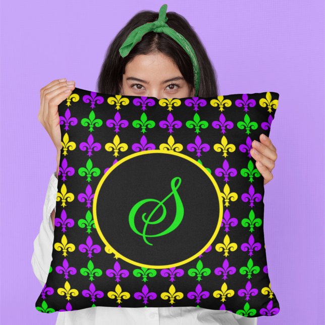 Mardi Gras Fleur de Lis Pattern Custom Monogram Throw Pillow (Creator Uploaded)
