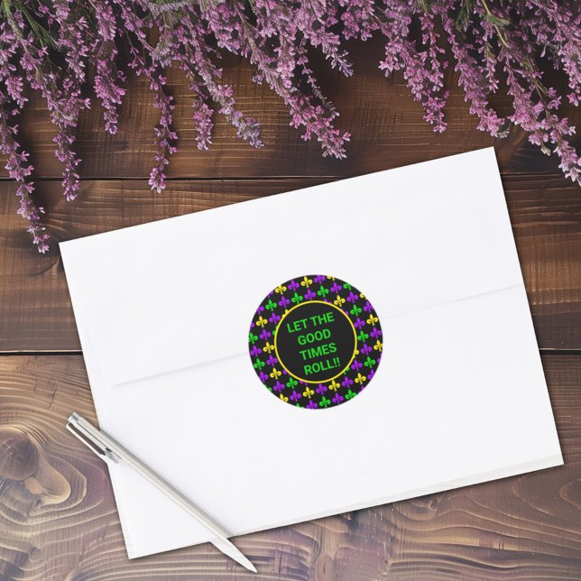 Mardi Gras Fleur de Lis Pattern Custom Text Classic Round Sticker (Creator Uploaded)