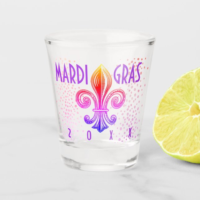 Mardi Gras Fleur De Lis Typography Purple Pink Shot Glass (Front)