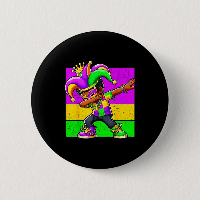 Mardi Gras Funny Dabbing Black Boy Jester Hat Kid  2 Inch Round Button (Front)