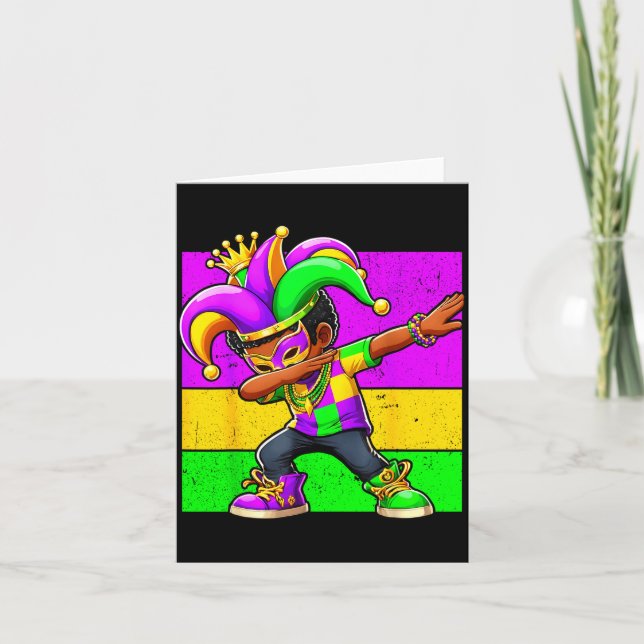 Mardi Gras Funny Dabbing Black Boy Jester Hat Kid  Card (Front)