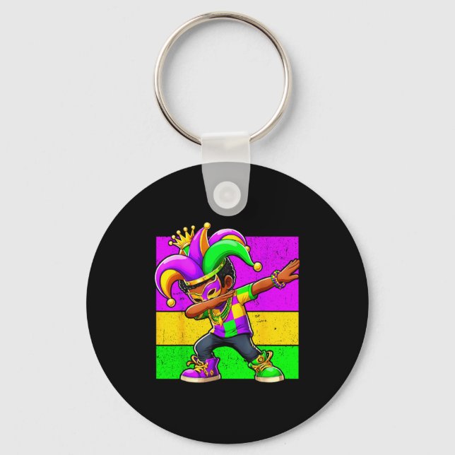 Mardi Gras Funny Dabbing Black Boy Jester Hat Kid  Keychain (Front)