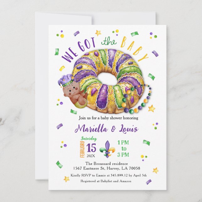 Mardi Gras Gender Reveal Dark Skin Tone Invitation (Front)