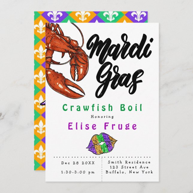 Mardi Gras Glitter Lips Crawfish Boil Invitation (Front/Back)