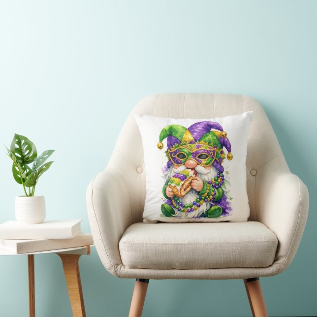 Mardi Gras Gnome Eating King Cake Throw Pillow (Chair)