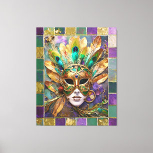 Mardi Gras Gold and Green Peacock Feather Mask Canvas Print
