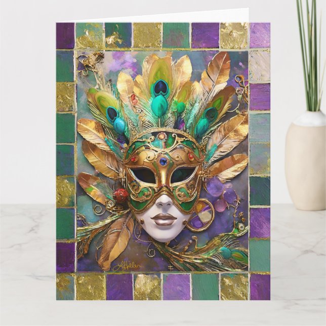 Mardi Gras Gold and Green Peacock Feather Mask Card (Front)
