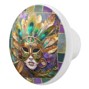 Mardi Gras Gold and Green Peacock Feather Mask Ceramic Knob