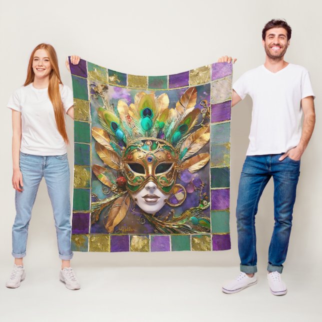 Mardi Gras Gold and Green Peacock Feather Mask Fleece Blanket (In Situ)