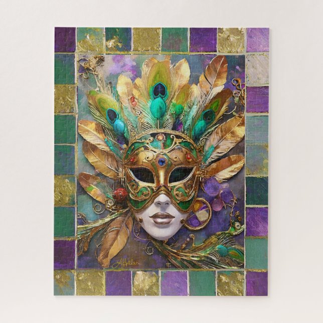 Mardi Gras Gold and Green Peacock Feather Mask Jigsaw Puzzle (Vertical)