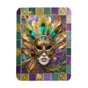 Mardi Gras Gold and Green Peacock Feather Mask Magnet