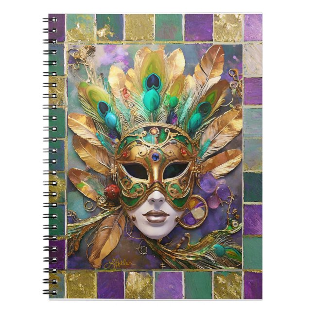 Mardi Gras Gold and Green Peacock Feather Mask Notebook (Front)