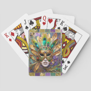 Mardi Gras Gold and Green Peacock Feather Mask Playing Cards