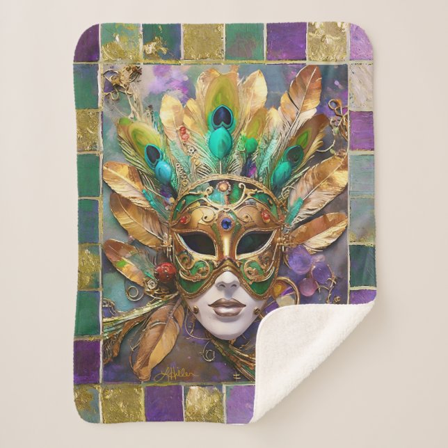 Mardi Gras Gold and Green Peacock Feather Mask Sherpa Blanket (Front)