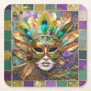 Mardi Gras Gold and Green Peacock Feather Mask Square Paper Coaster