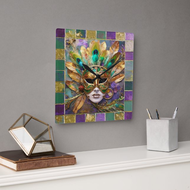 Mardi Gras Gold and Green Peacock Feather Mask Square Wall Clock (Office)