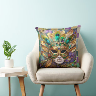 Mardi Gras Gold and Green Peacock Feather Mask Throw Pillow