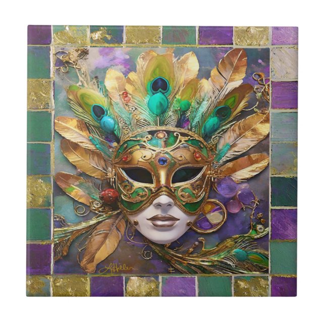 Mardi Gras Gold and Green Peacock Feather Mask Tile (Front)