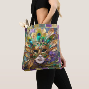 Mardi Gras Gold and Green Peacock Feather Mask Tote Bag