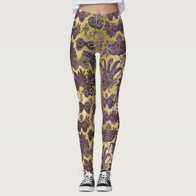 Mardi Gras Gold and Purple Masks Adjusted Leggings (Front)