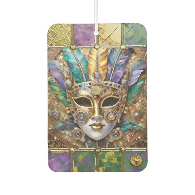 Mardi Gras Gold & Ceramic Colourful Feather Mask Air Freshener (Front)