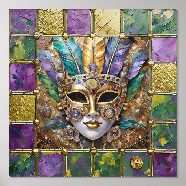 Mardi Gras Gold & Ceramic Colourful Feather Mask Foil Prints (Front)
