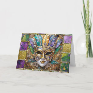 Mardi Gras Gold & Ceramic Colourful Feather Mask Holiday Card