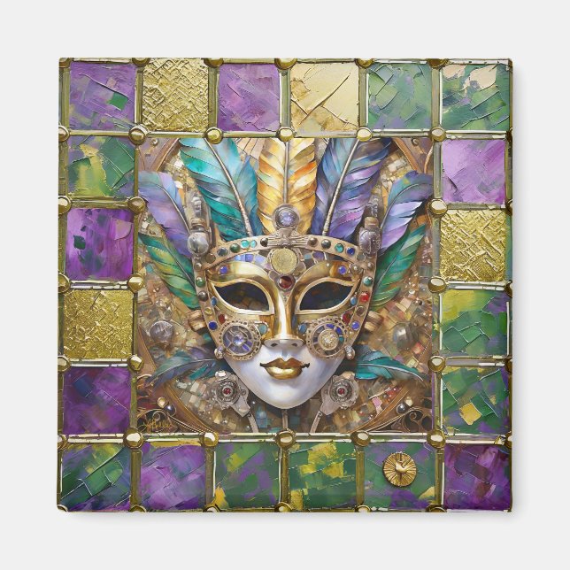 Mardi Gras Gold & Ceramic Colourful Feather Mask Magnet (Front)
