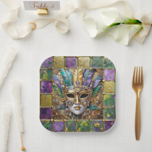 Mardi Gras Gold & Ceramic Colourful Feather Mask Paper Plate