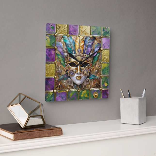 Mardi Gras Gold & Ceramic Colourful Feather Mask Square Wall Clock (Office)