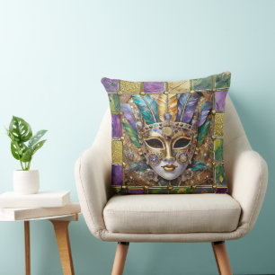 Mardi Gras Gold & Ceramic Colourful Feather Mask Throw Pillow