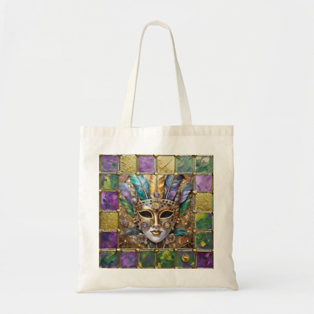Mardi Gras Gold & Ceramic Colourful Feather Mask Tote Bag (Front)