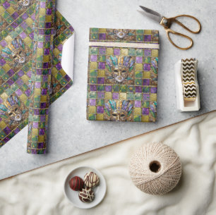 Mardi Gras Gold & Ceramic Colourful Feather Mask Wrapping Paper