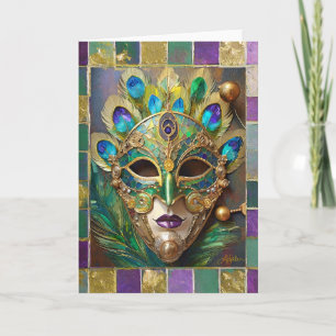Mardi Gras Gold Ceramic Peacock Feather Mask Card