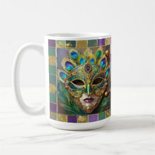 Mardi Gras Gold Ceramic Peacock Feather Mask Coffee Mug