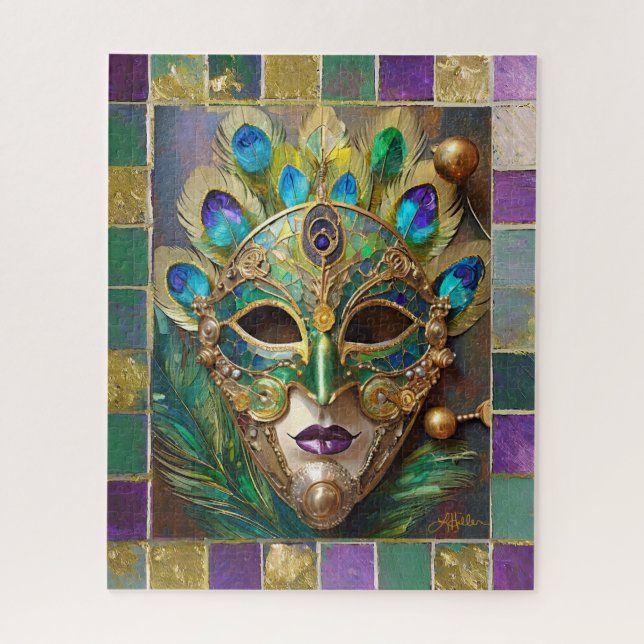 Mardi Gras Gold Ceramic Peacock Feather Mask Jigsaw Puzzle (Vertical)